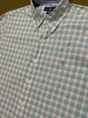Ralph Lauren Men’s Button Down Shirt Green Blue Pink Plaid Cotton Stretch Size L